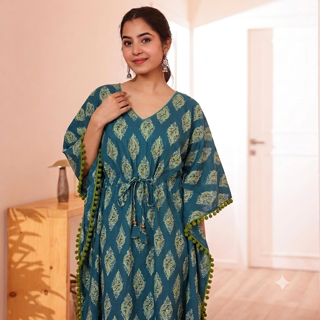 Teal Leaf Print Kaftan with Green Pom Pom Lace