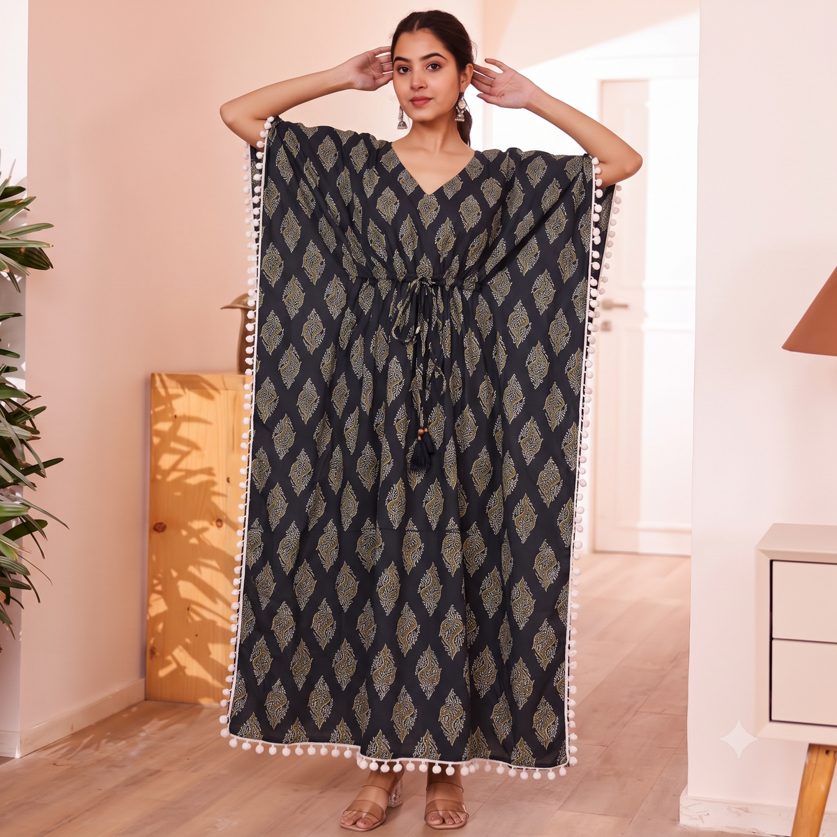 Black Leaf Motif Print Kaftan with Off-white Pom Pom  Lace