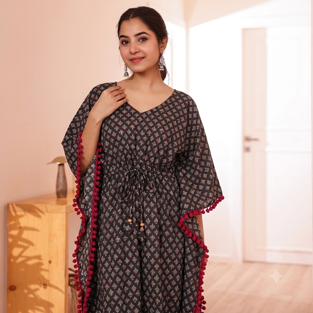 Black Ajrakh Print Kaftan with Maroon Pom Pom Lace