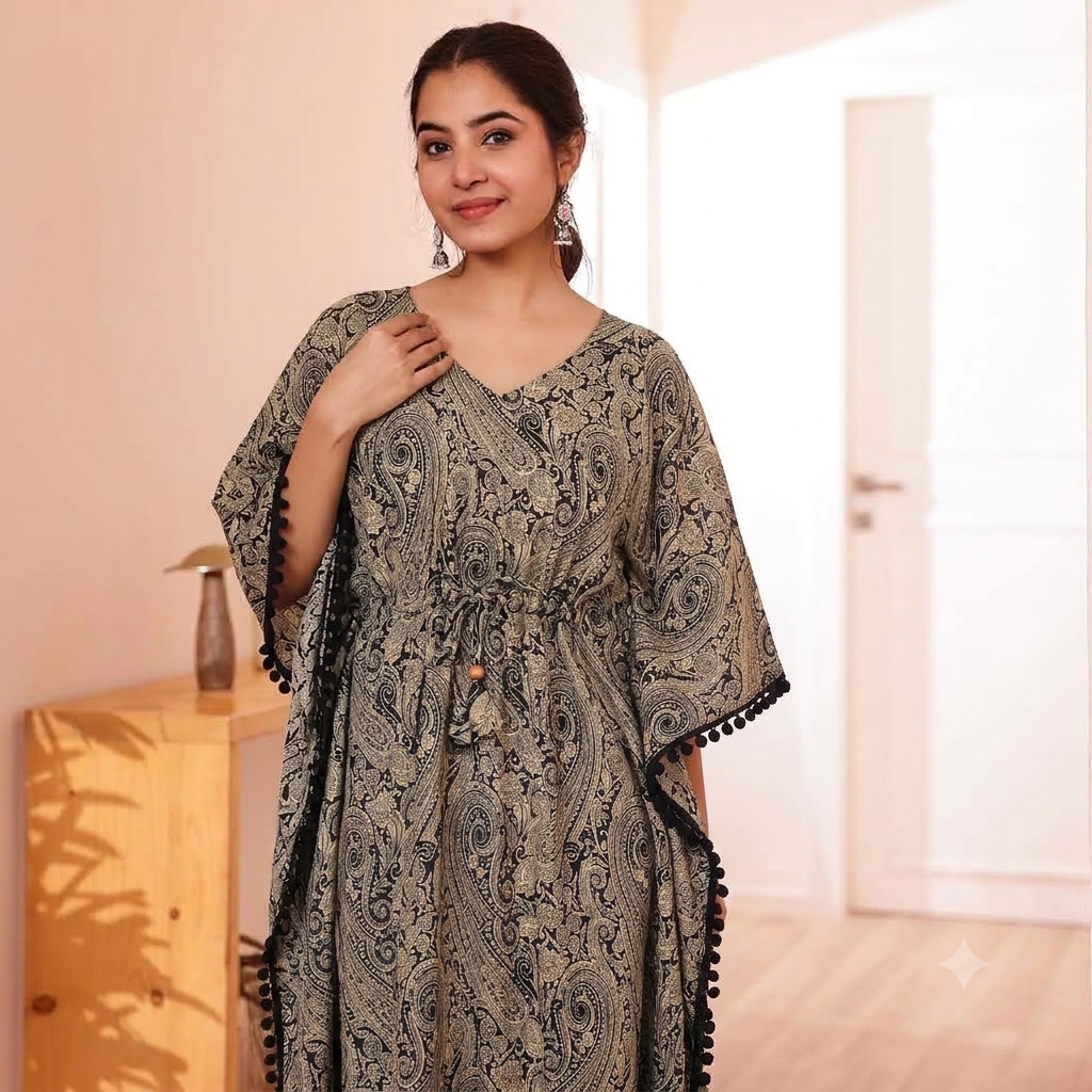 Beige Paisley Print with kaftan with Black Pom Pom Lace
