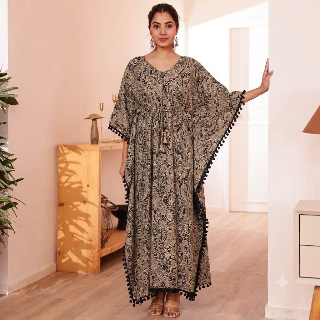 Beige Paisley Print with kaftan with Black Pom Pom Lace