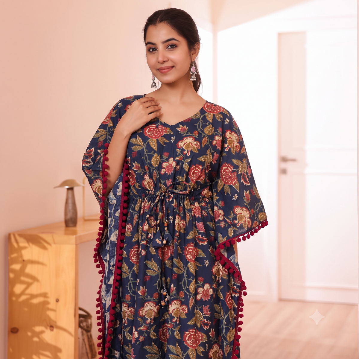 Navy Blue Floral Print Kaftan with Maroon Pom Pom Lace