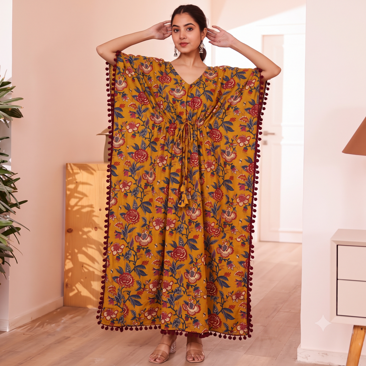 Mustard Floral Print Kaftan with Maroon Pom Pom Lace