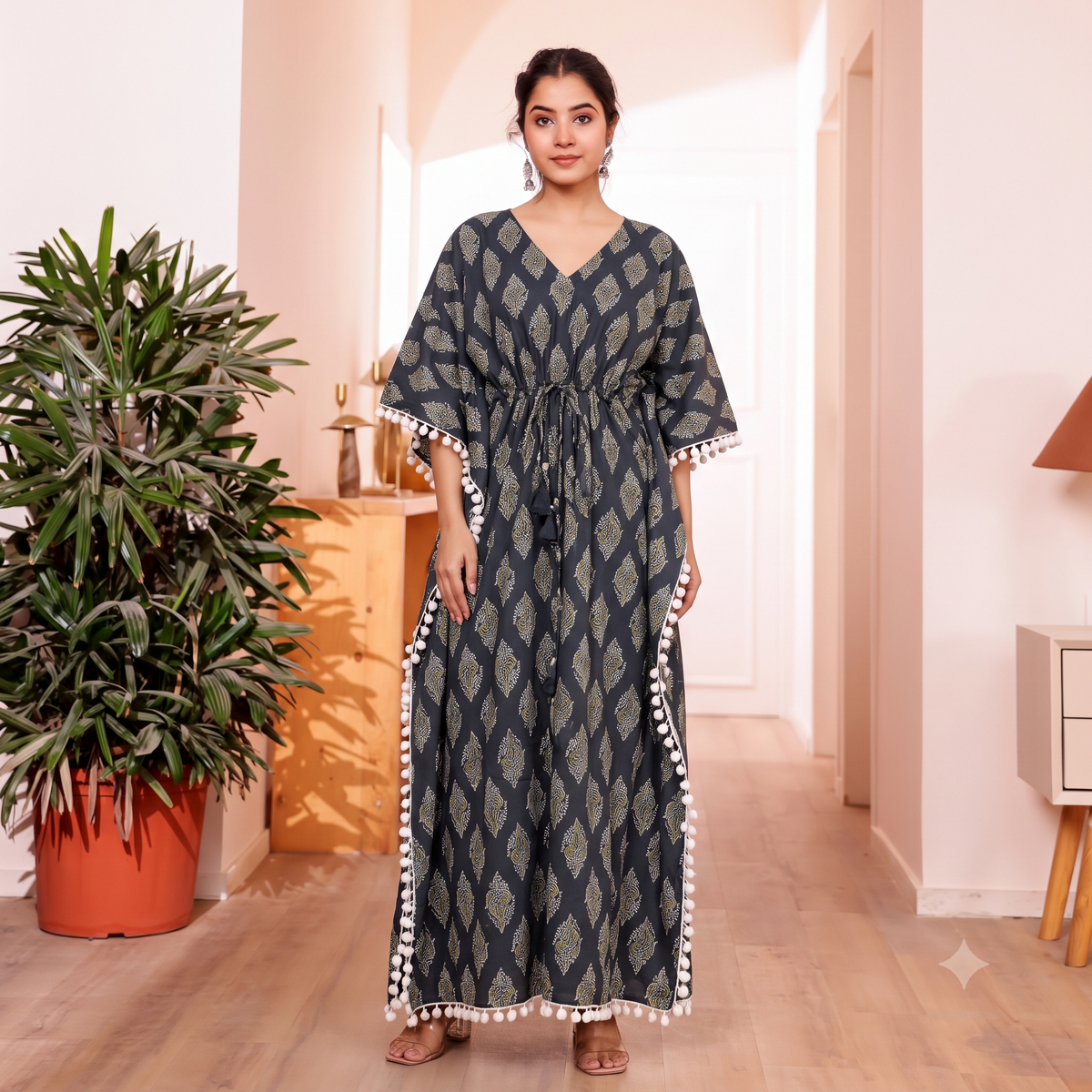 Black Leaf Motif Print Kaftan with Off-white Pom Pom  Lace