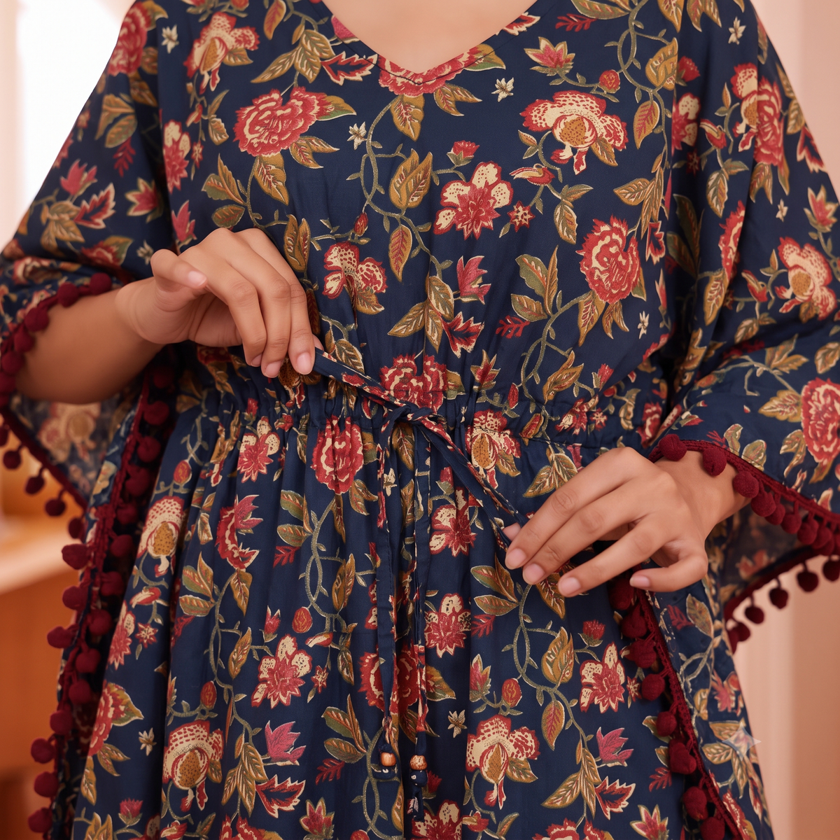 Navy Blue Floral Print Kaftan with Maroon Pom Pom Lace