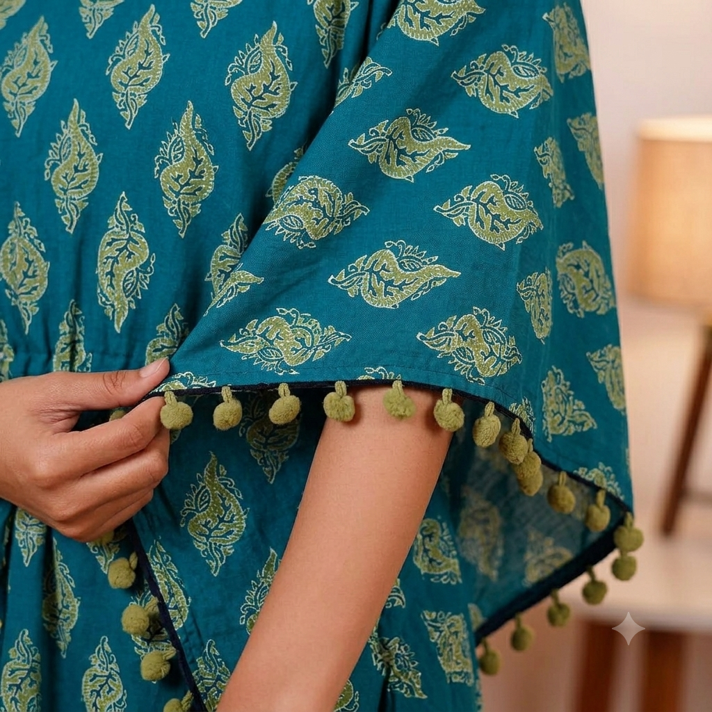 Teal Leaf Print Kaftan with Green Pom Pom Lace