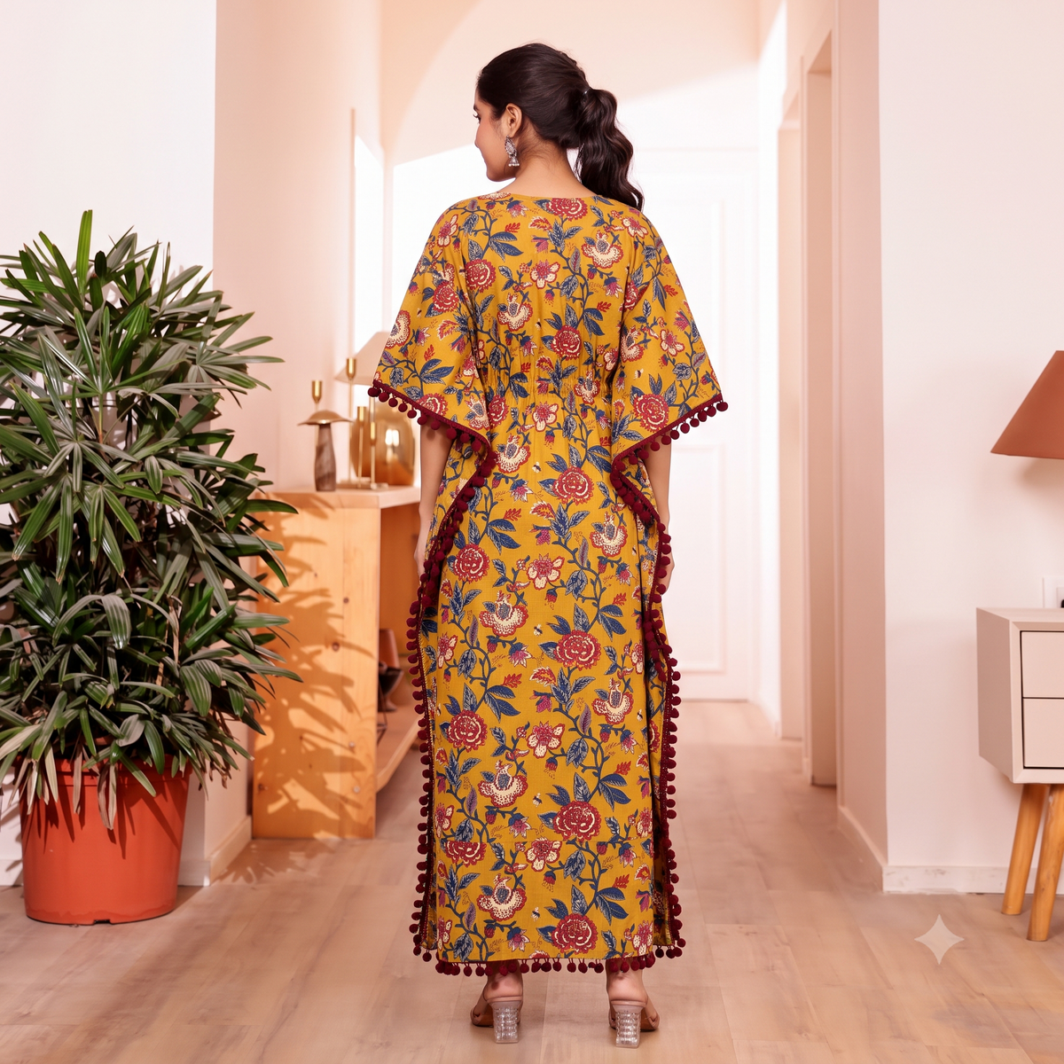 Mustard Floral Print Kaftan with Maroon Pom Pom Lace