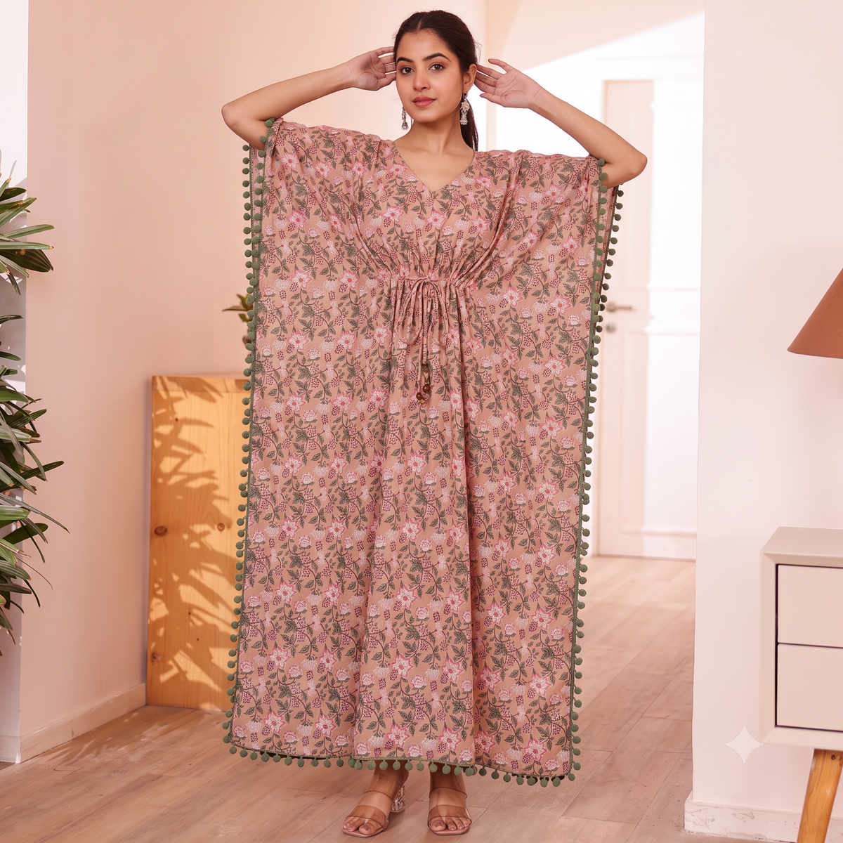 Peach Floral Print Kaftan with Green Pom Pom Lace