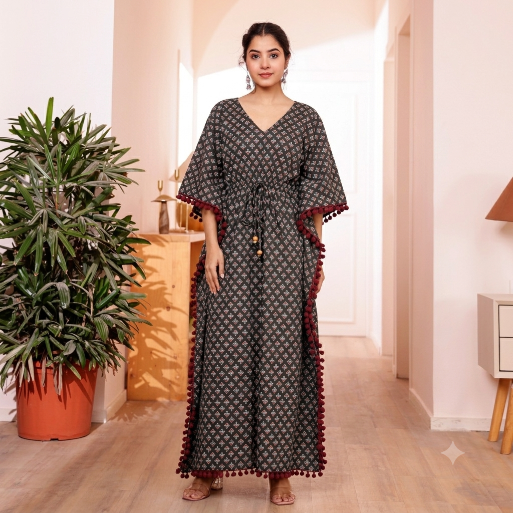 Black Ajrakh Print Kaftan with Maroon Pom Pom Lace