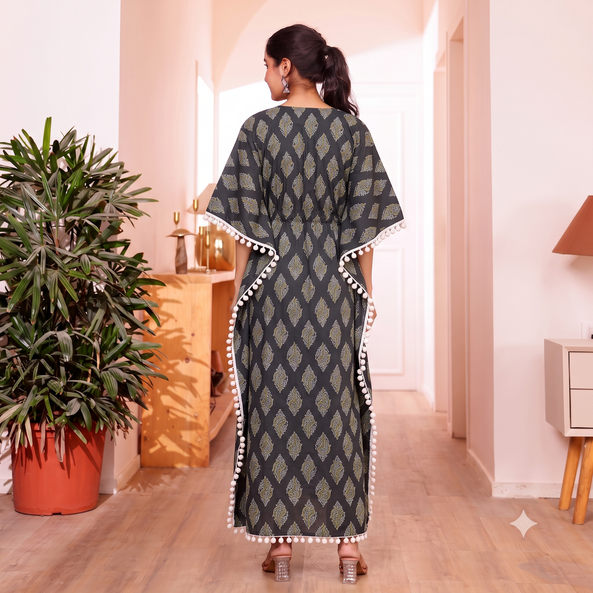 Black Leaf Motif Print Kaftan with Off-white Pom Pom  Lace