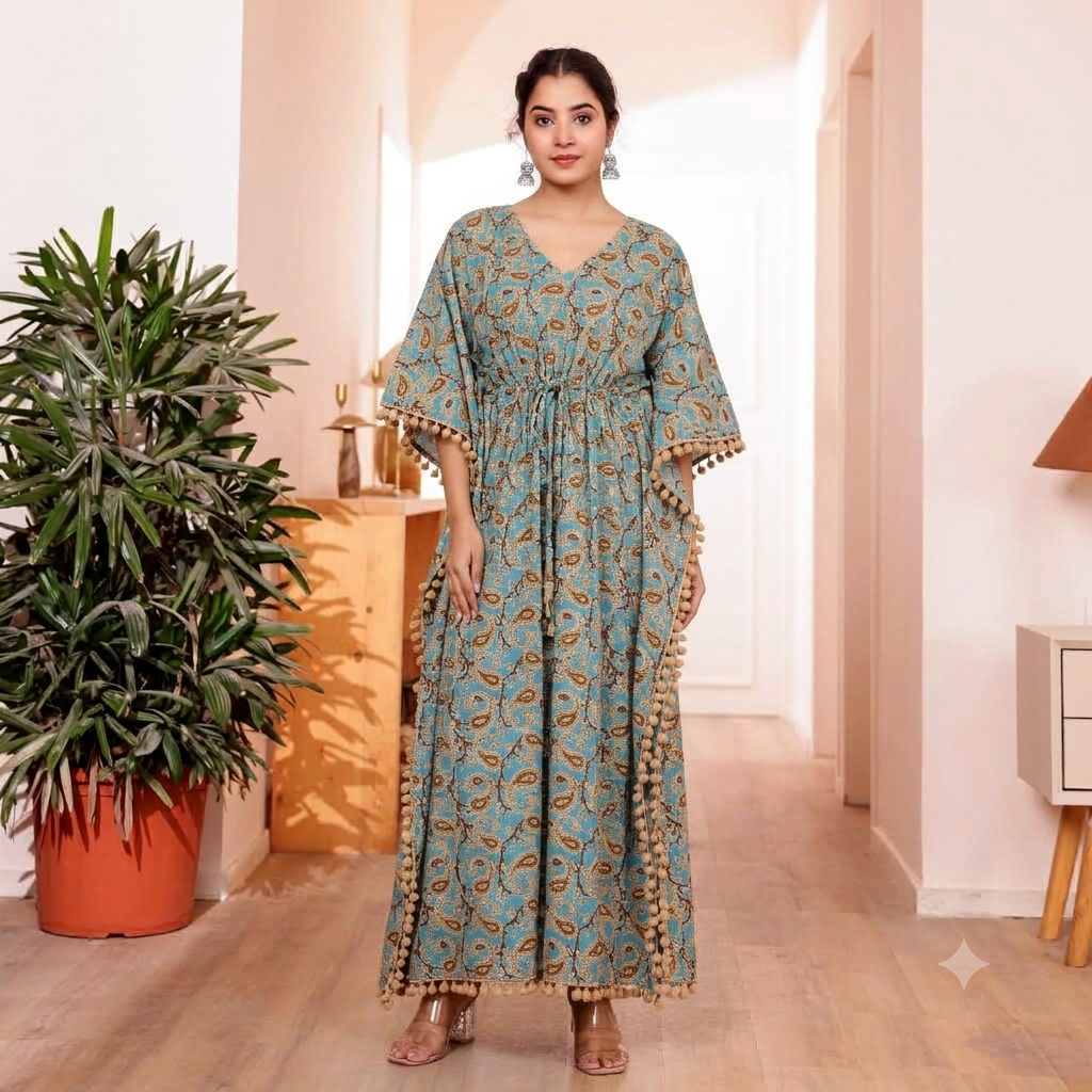 Sky Blue Paisley Print Kaftan with Beige Pom Pom Lace