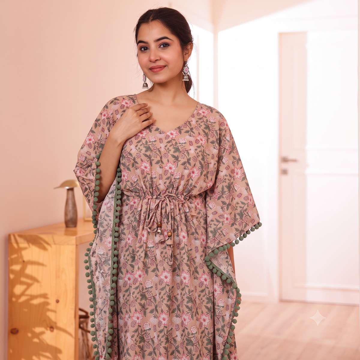 Peach Floral Print Kaftan with Green Pom Pom Lace