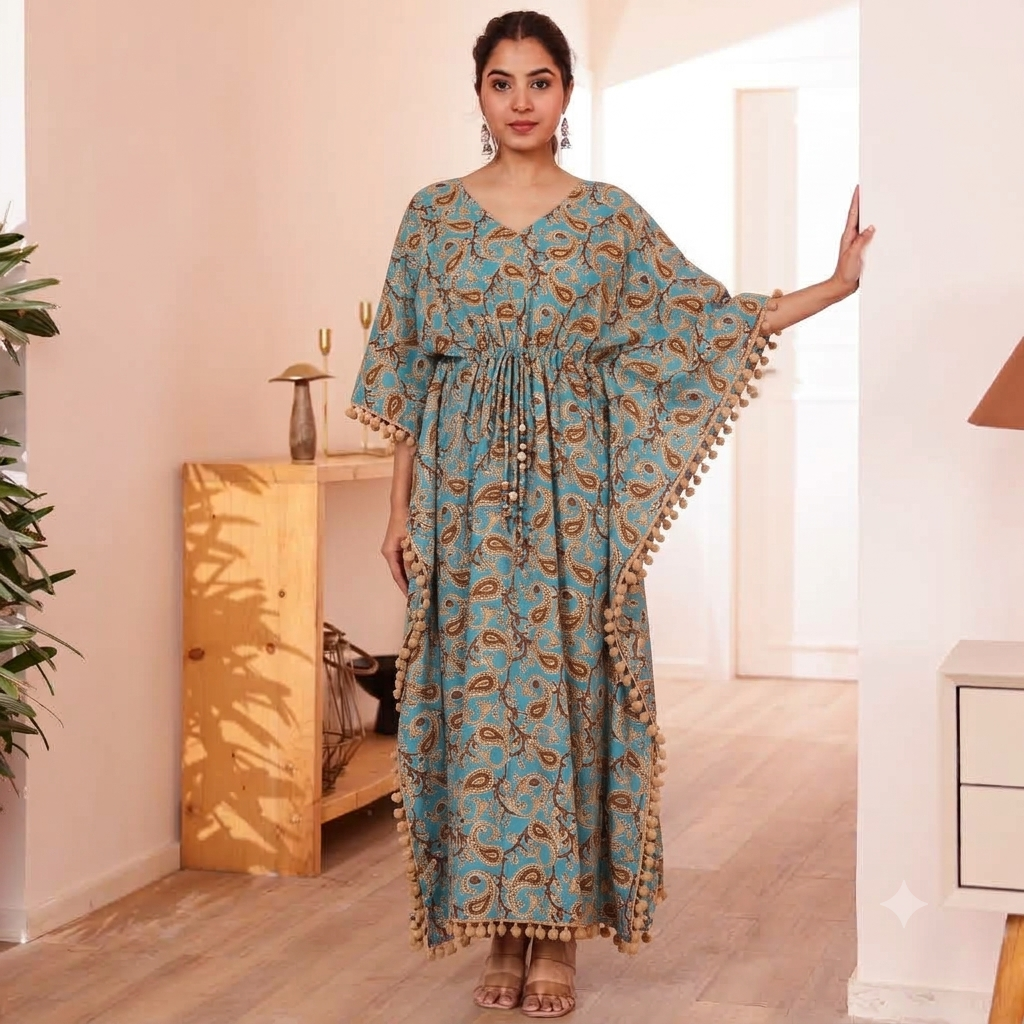 Sky Blue Paisley Print Kaftan with Beige Pom Pom Lace