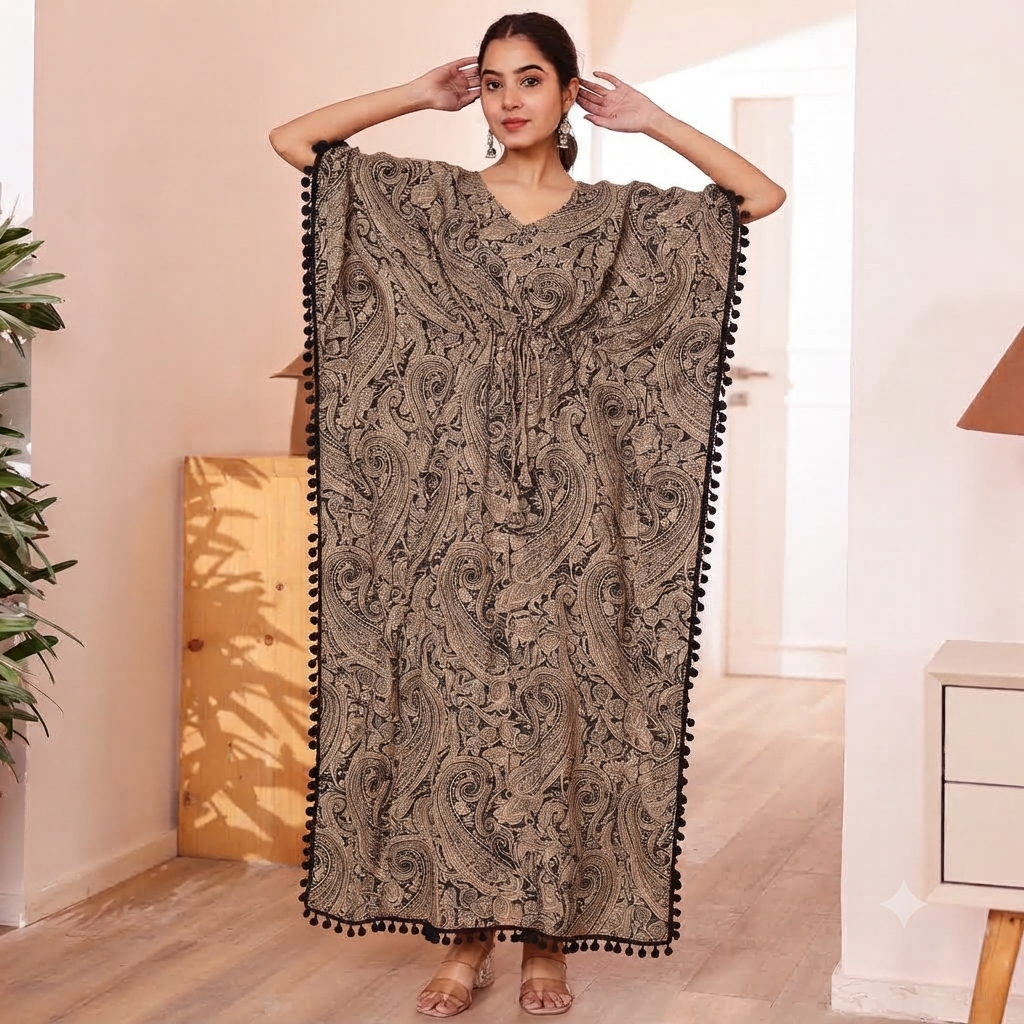 Beige Paisley Print with kaftan with Black Pom Pom Lace