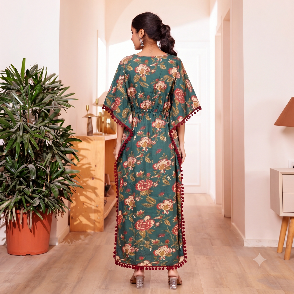 Teal Floral Print Kaftan with Maroon Pom Pom Lace