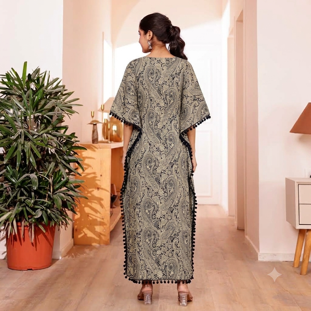 Beige Paisley Print with kaftan with Black Pom Pom Lace