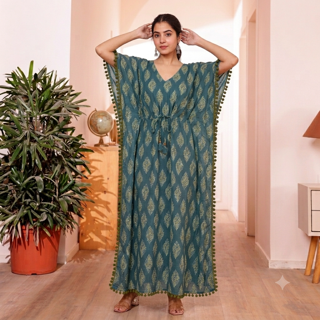 Teal Leaf Print Kaftan with Green Pom Pom Lace