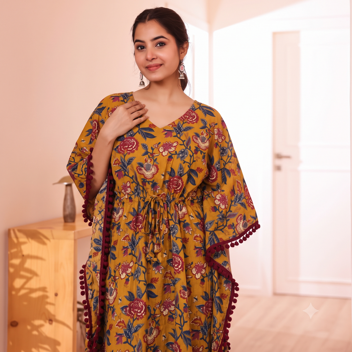 Mustard Floral Print Kaftan with Maroon Pom Pom Lace