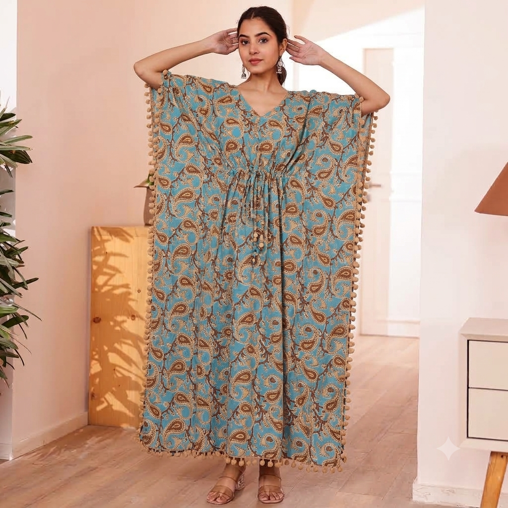 Sky Blue Paisley Print Kaftan with Beige Pom Pom Lace