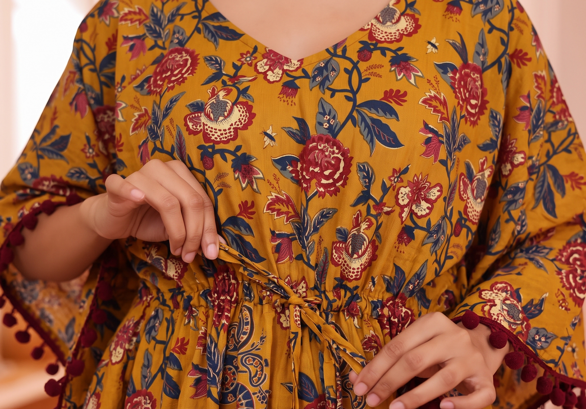 Mustard Floral Print Kaftan with Maroon Pom Pom Lace