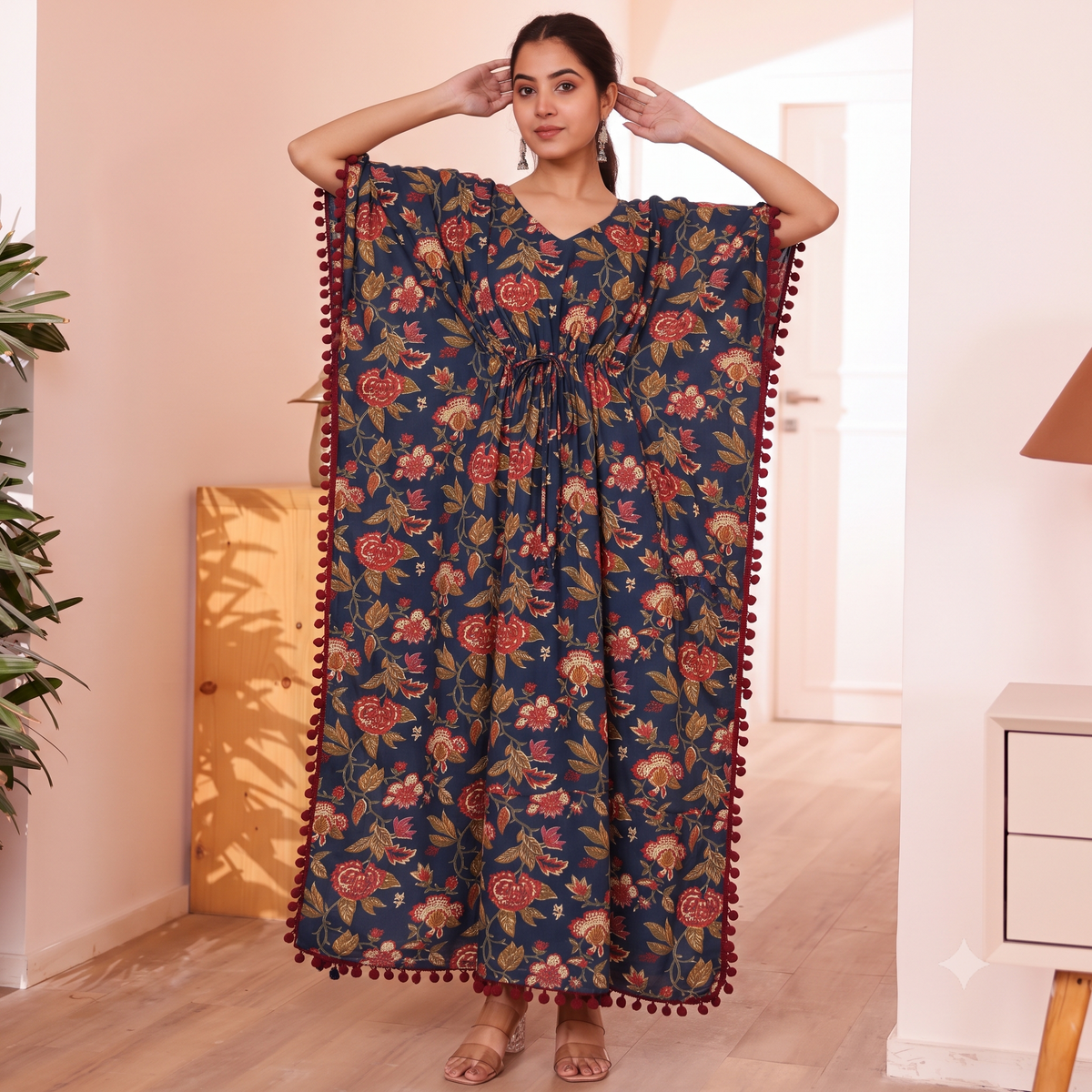 Navy Blue Floral Print Kaftan with Maroon Pom Pom Lace