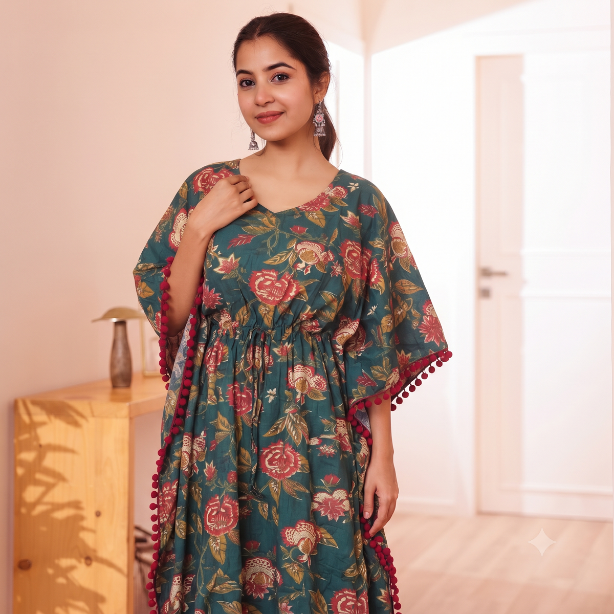 Teal Floral Print Kaftan with Maroon Pom Pom Lace