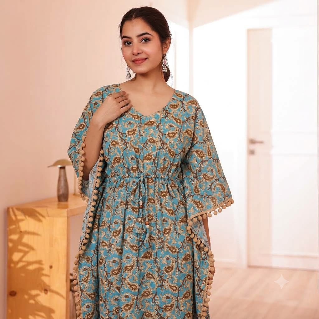 Sky Blue Paisley Print Kaftan with Beige Pom Pom Lace