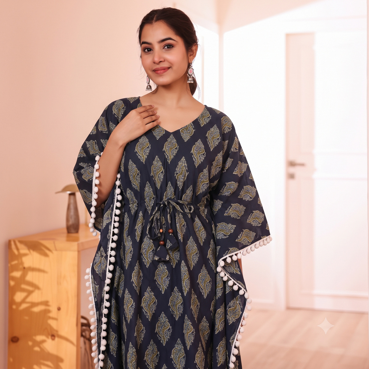 Black Leaf Motif Print Kaftan with Off-white Pom Pom  Lace