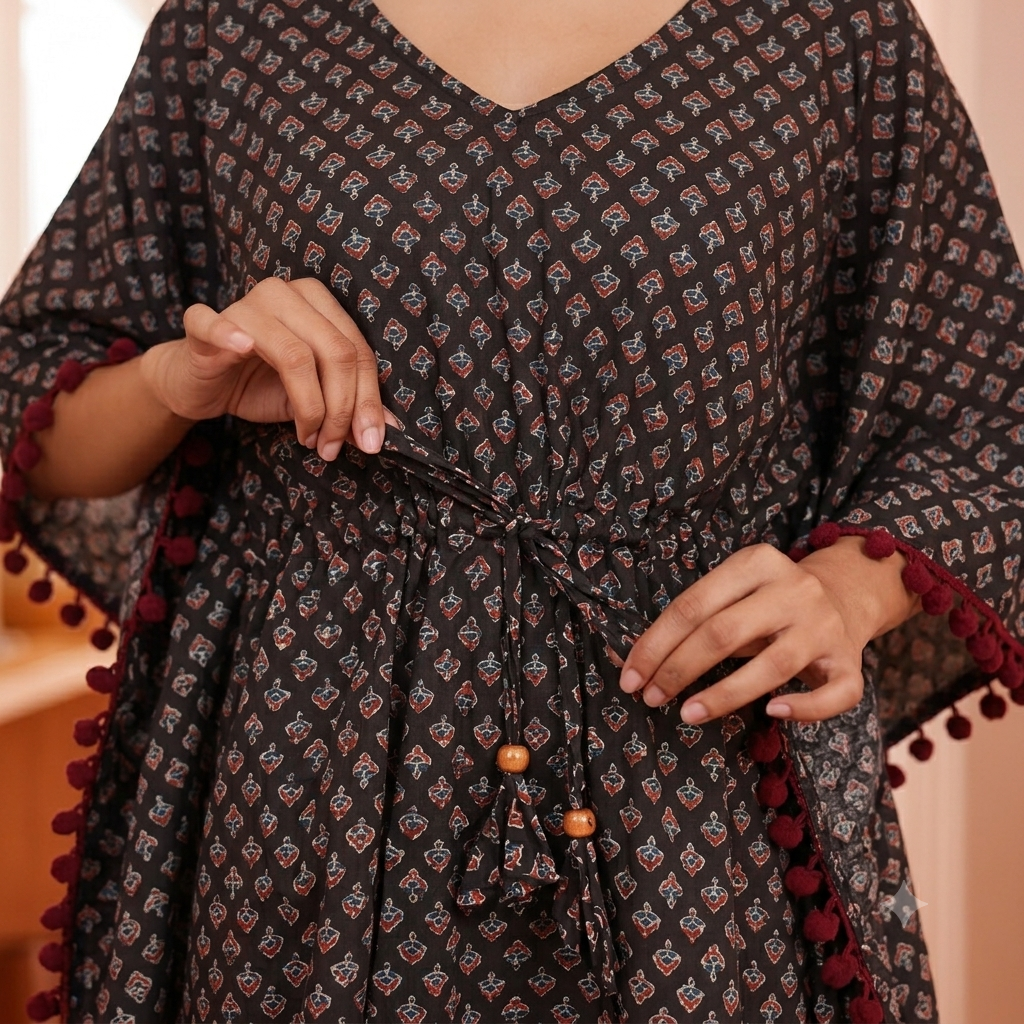 Black Ajrakh Print Kaftan with Maroon Pom Pom Lace