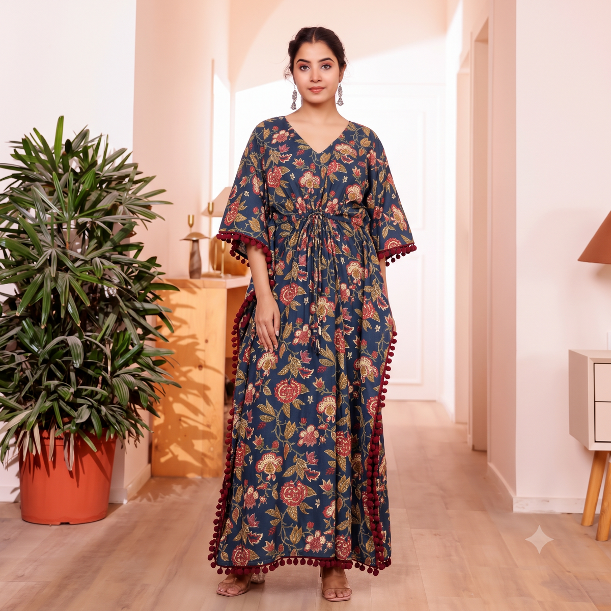 Navy Blue Floral Print Kaftan with Maroon Pom Pom Lace