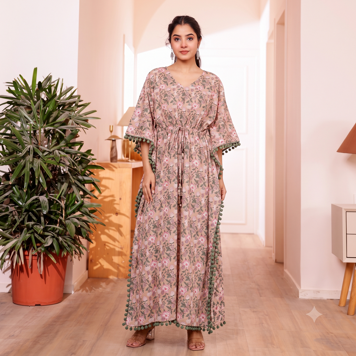 Peach Floral Print Kaftan with Green Pom Pom Lace