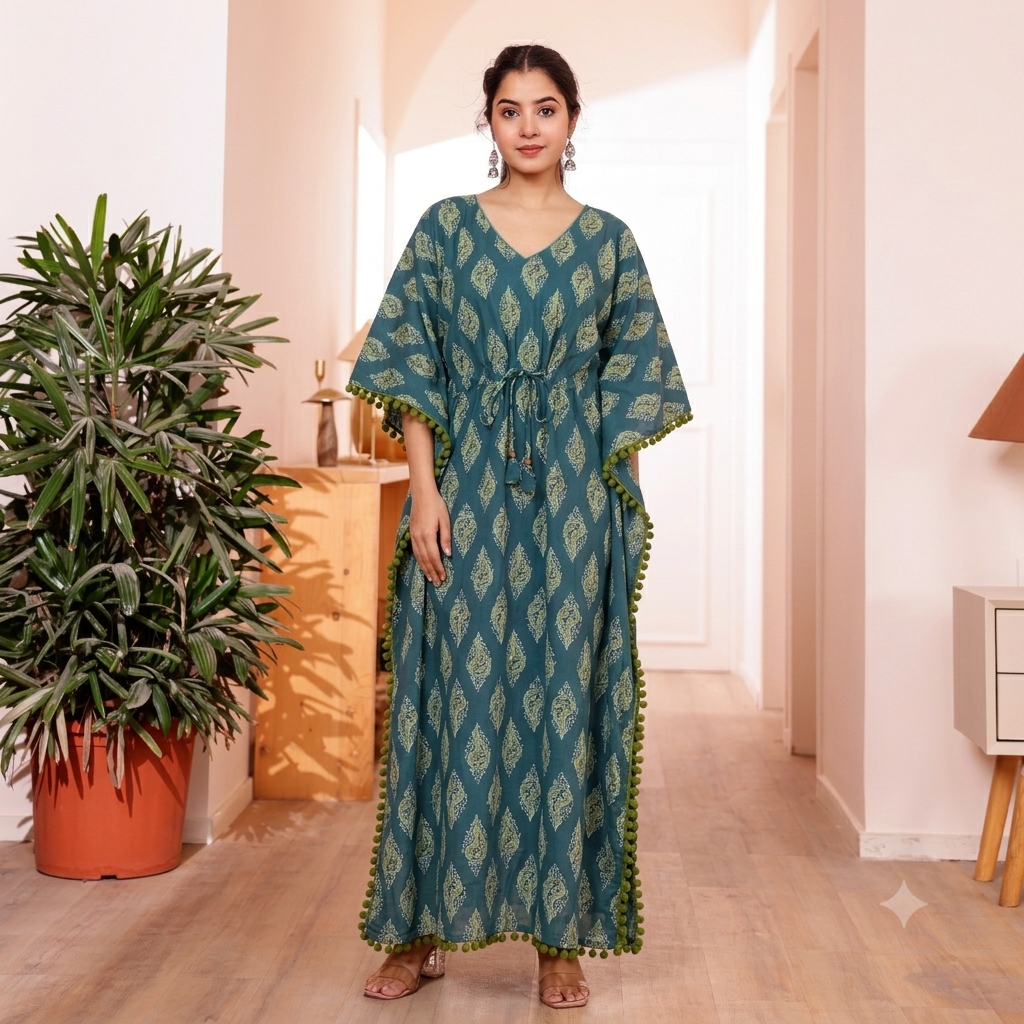 Teal Leaf Print Kaftan with Green Pom Pom Lace