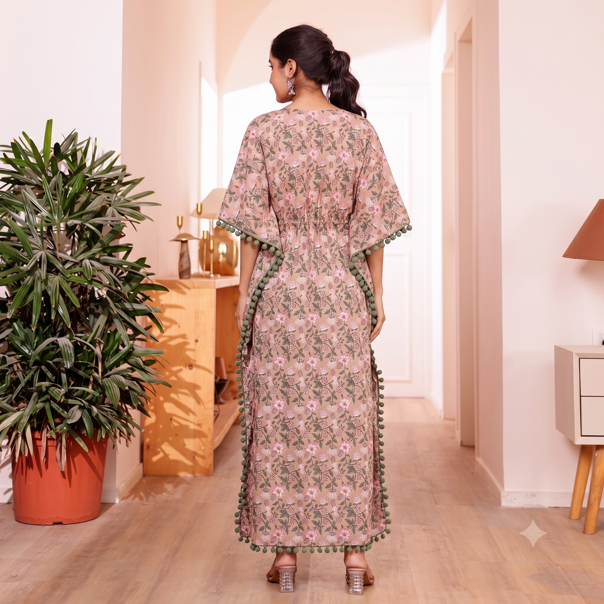 Peach Floral Print Kaftan with Green Pom Pom Lace