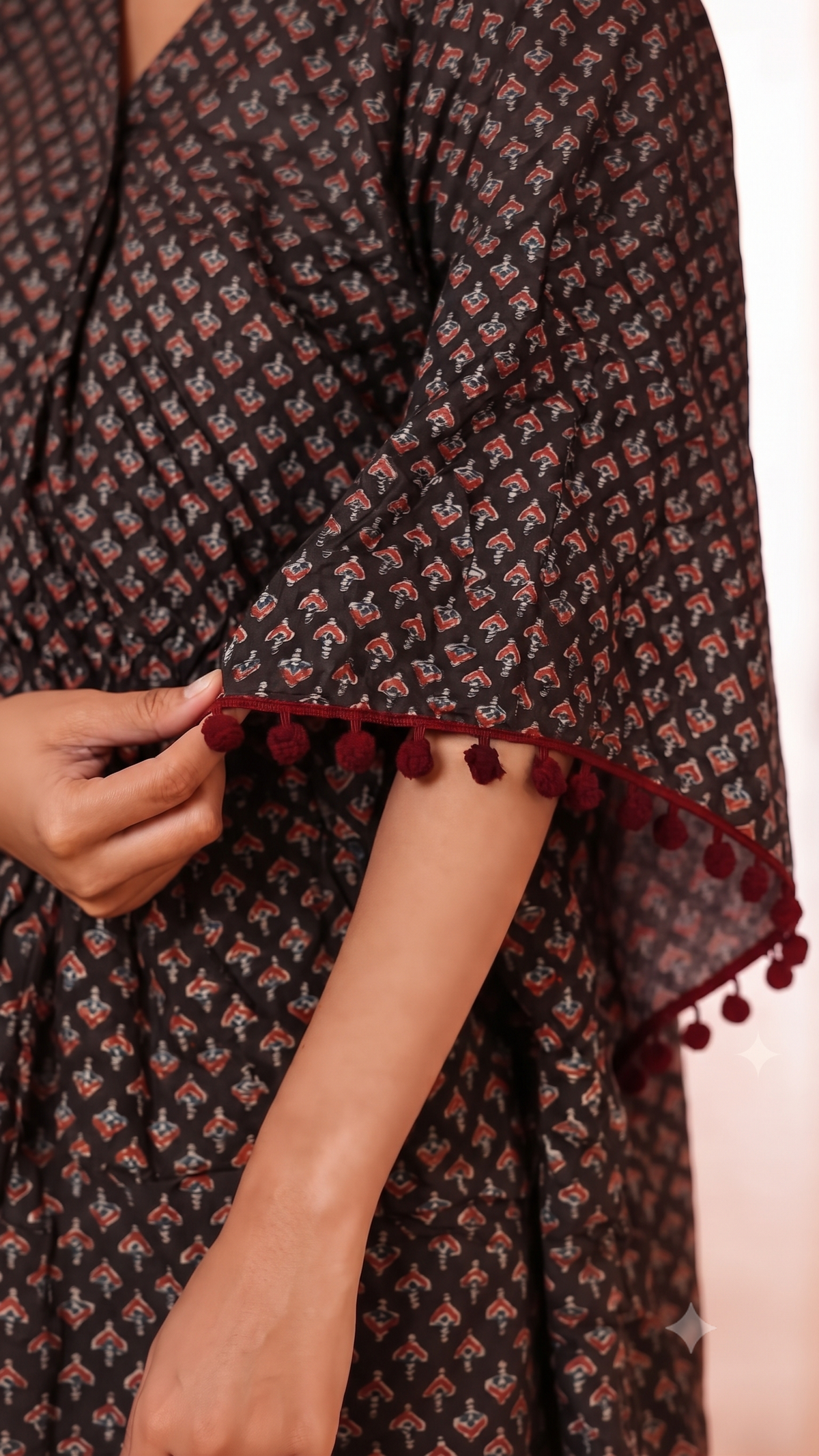 Black Ajrakh Print Kaftan with Maroon Pom Pom Lace