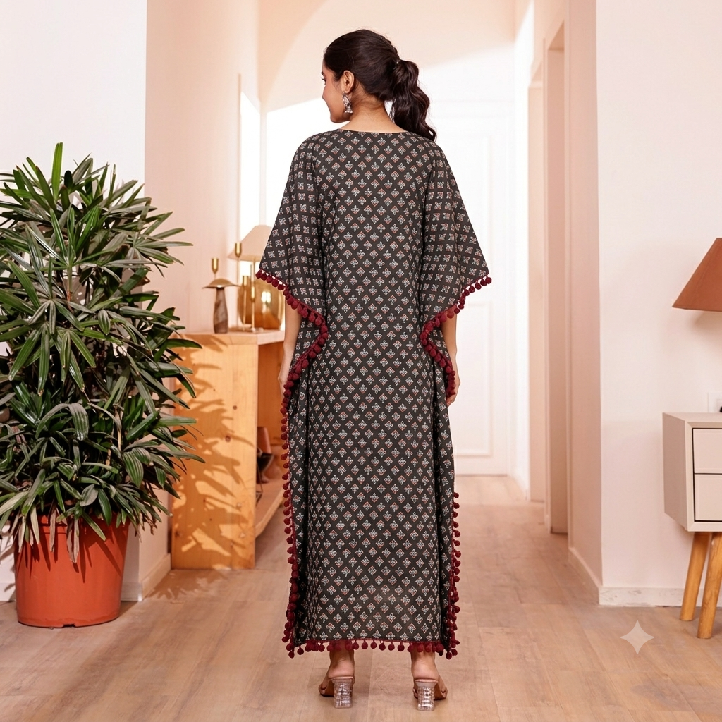 Black Ajrakh Print Kaftan with Maroon Pom Pom Lace