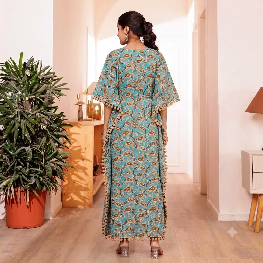 Sky Blue Paisley Print Kaftan with Beige Pom Pom Lace