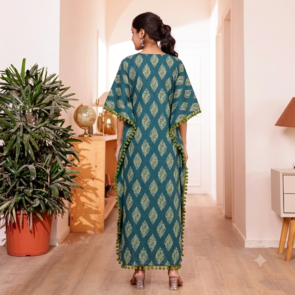 Teal Leaf Print Kaftan with Green Pom Pom Lace