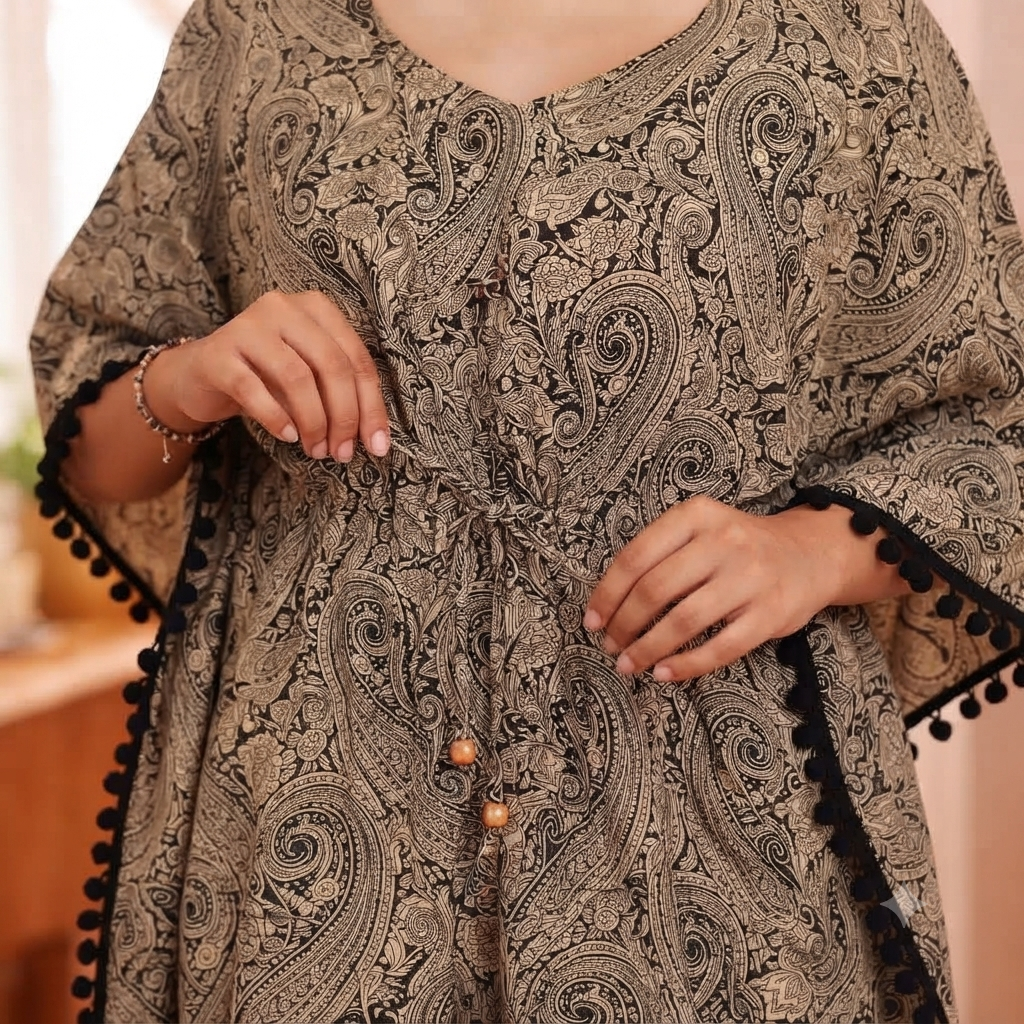 Beige Paisley Print with kaftan with Black Pom Pom Lace