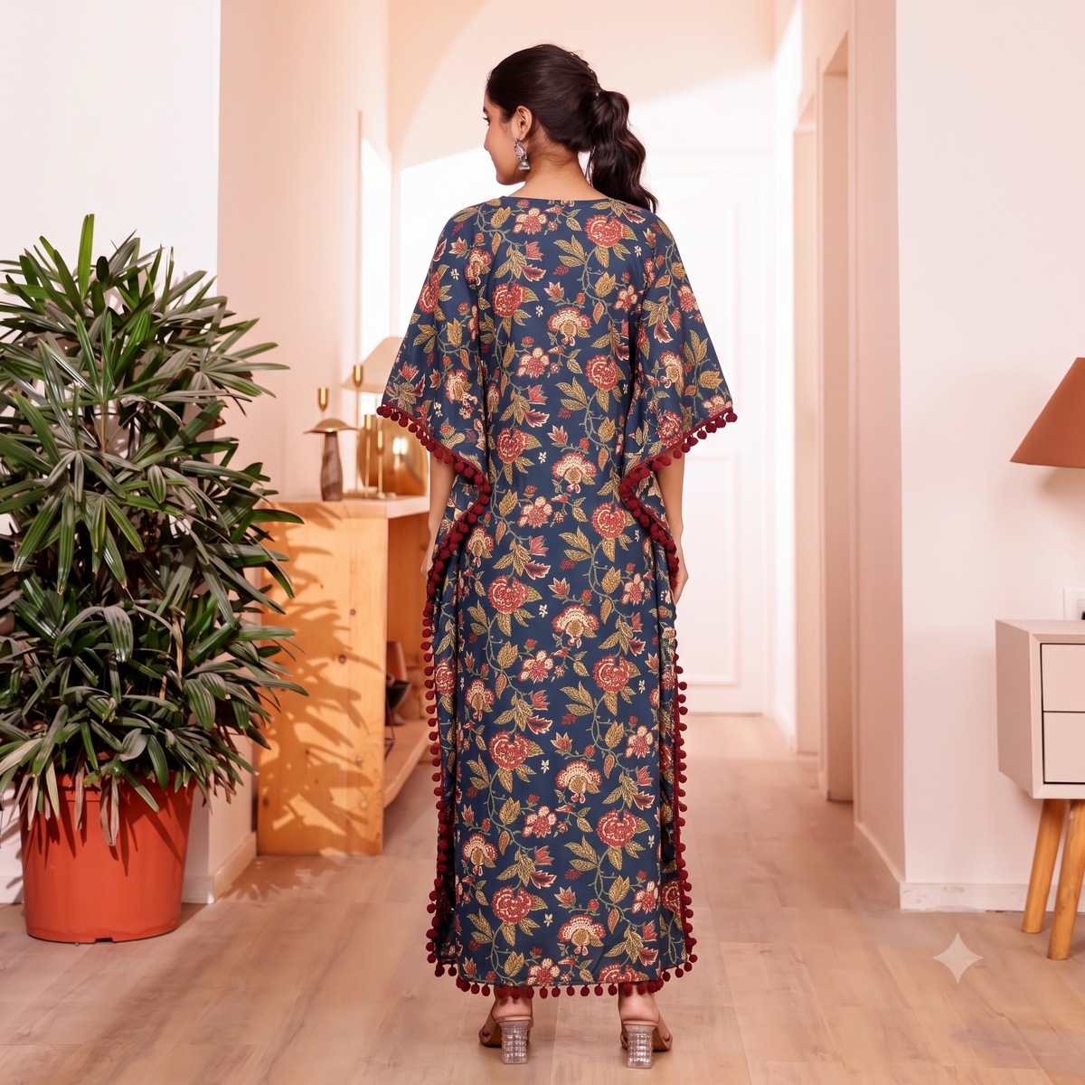Navy Blue Floral Print Kaftan with Maroon Pom Pom Lace