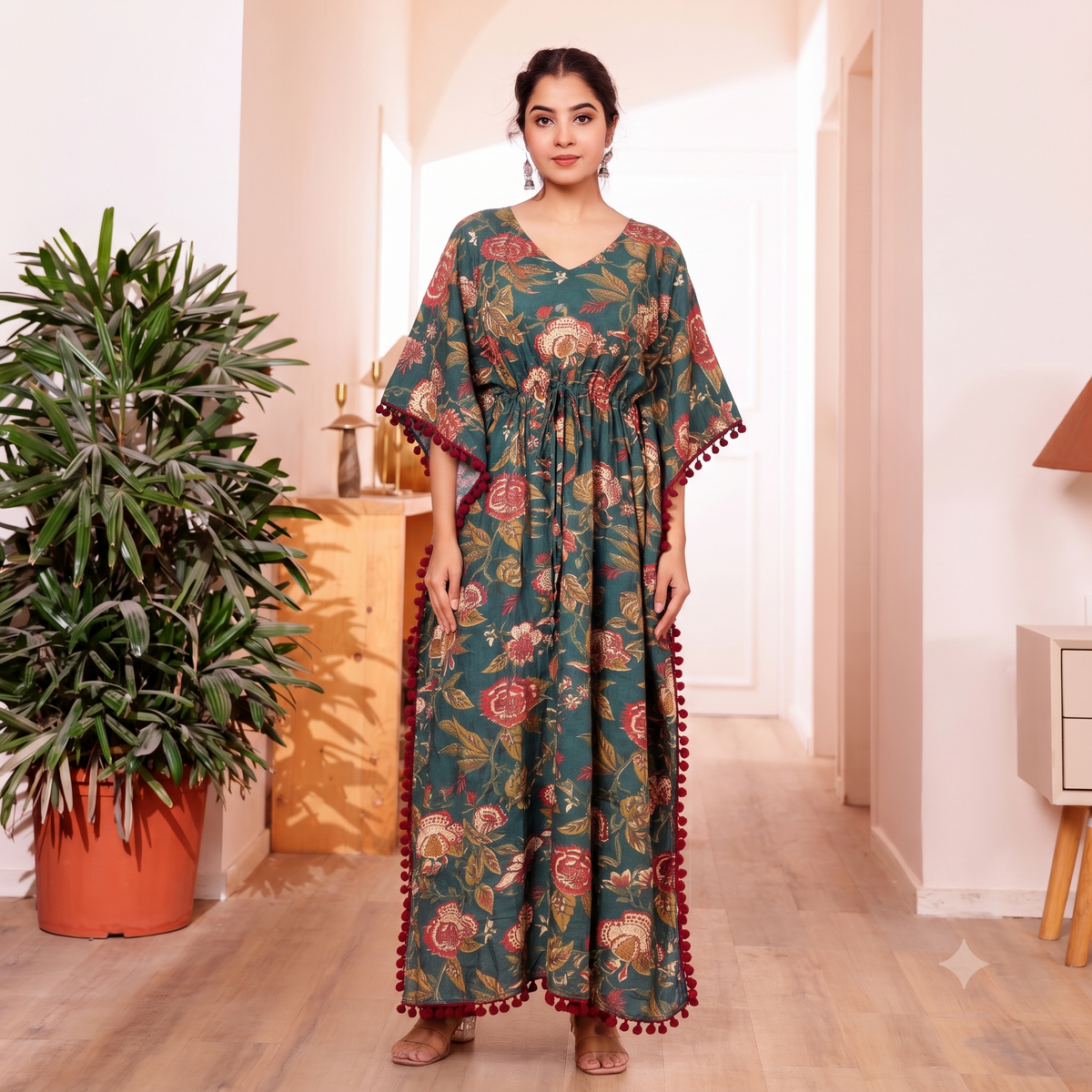 Teal Floral Print Kaftan with Maroon Pom Pom Lace