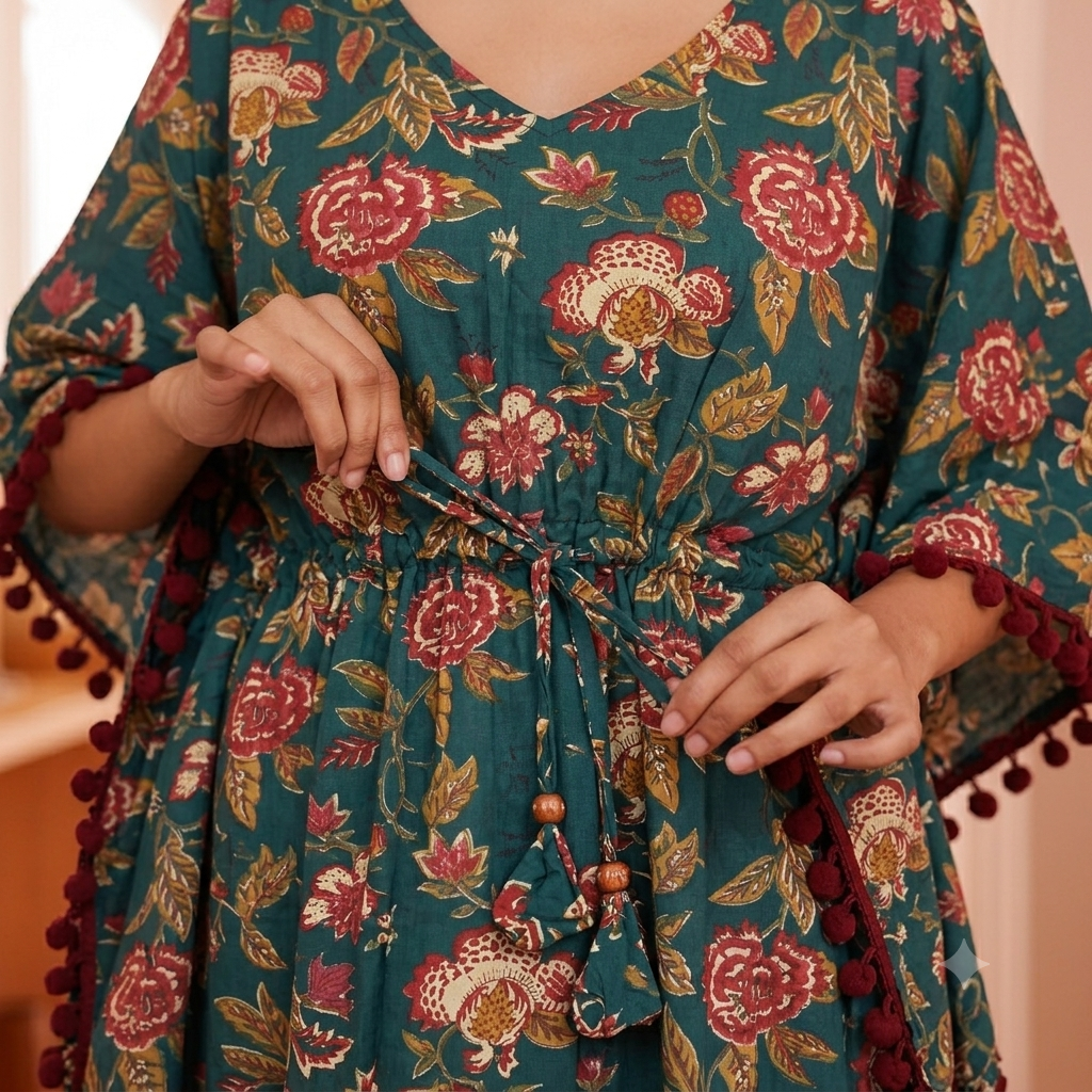 Teal Floral Print Kaftan with Maroon Pom Pom Lace