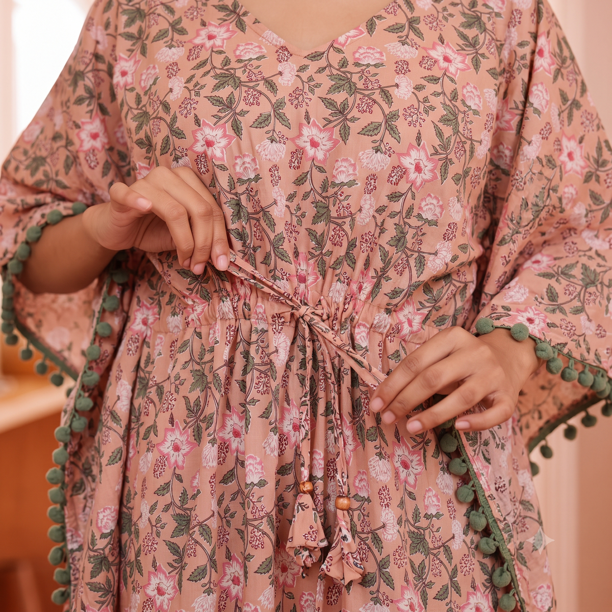Peach Floral Print Kaftan with Green Pom Pom Lace