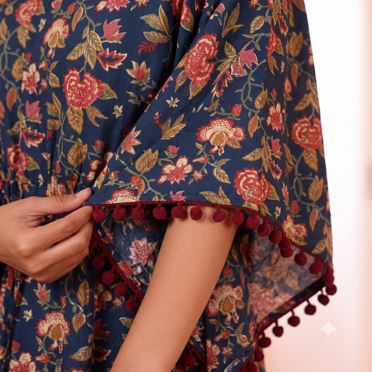 Navy Blue Floral Print Kaftan with Maroon Pom Pom Lace