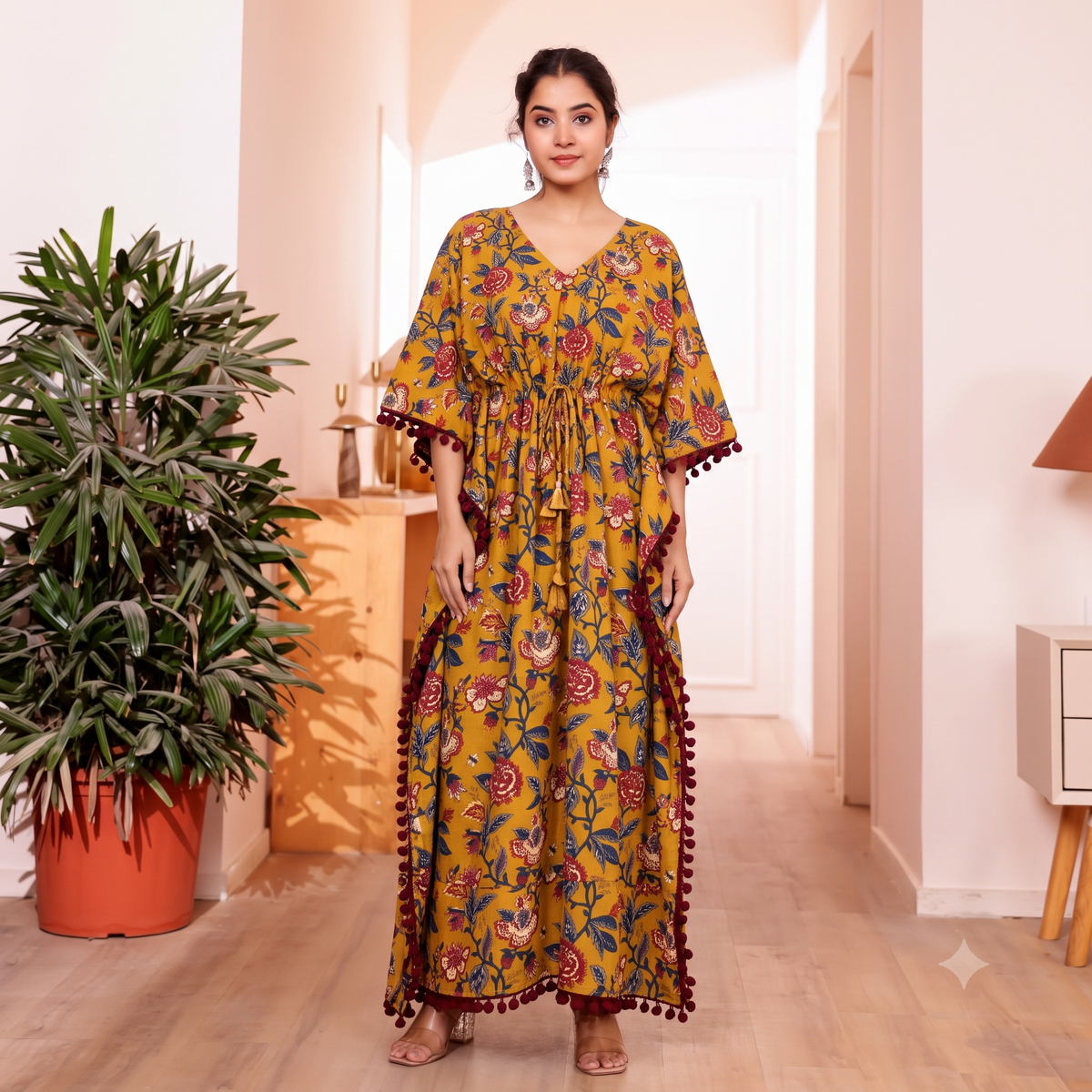 Mustard Floral Print Kaftan with Maroon Pom Pom Lace