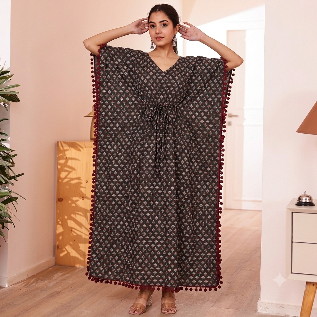 Black Ajrakh Print Kaftan with Maroon Pom Pom Lace