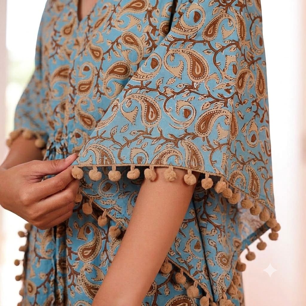 Sky Blue Paisley Print Kaftan with Beige Pom Pom Lace