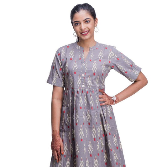 Grey Ikat Print Kurti with Pocket