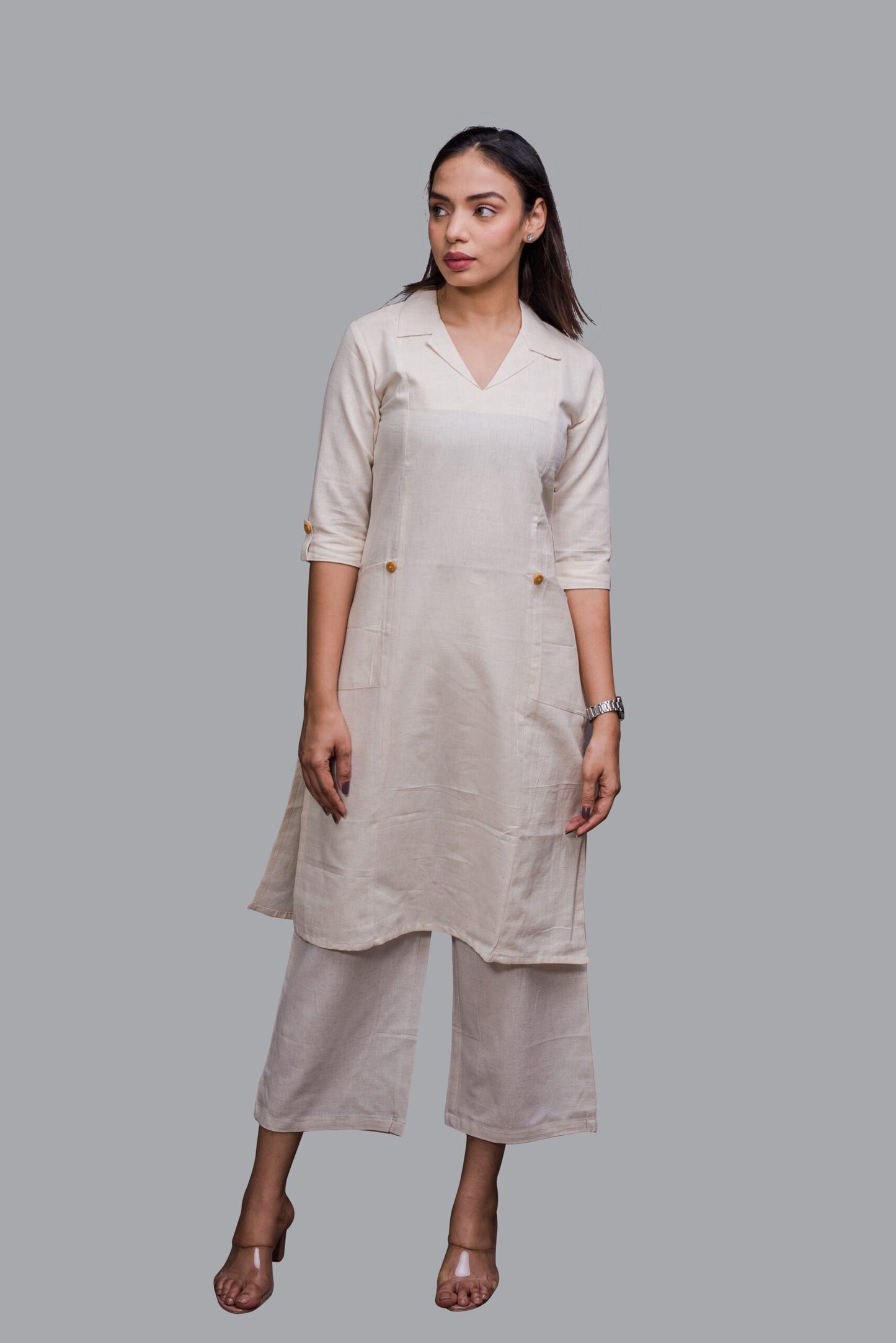 Collared Cream Kurti with pockets