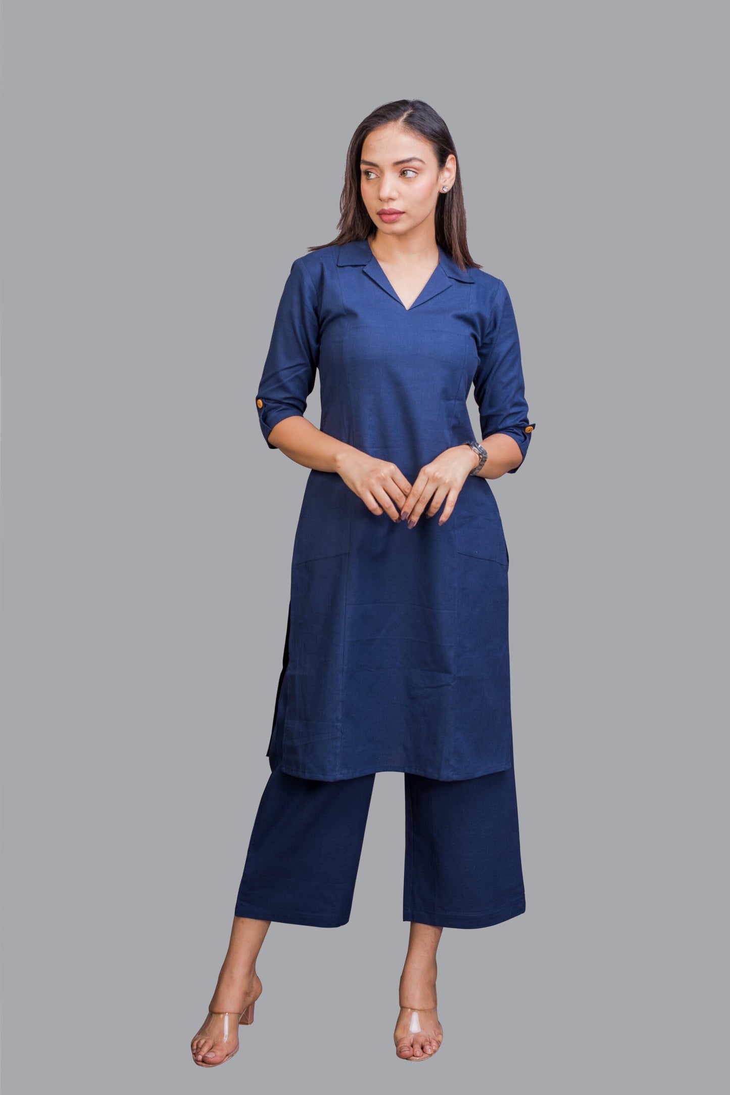 Collared Navy Blue Kurti with Pockets