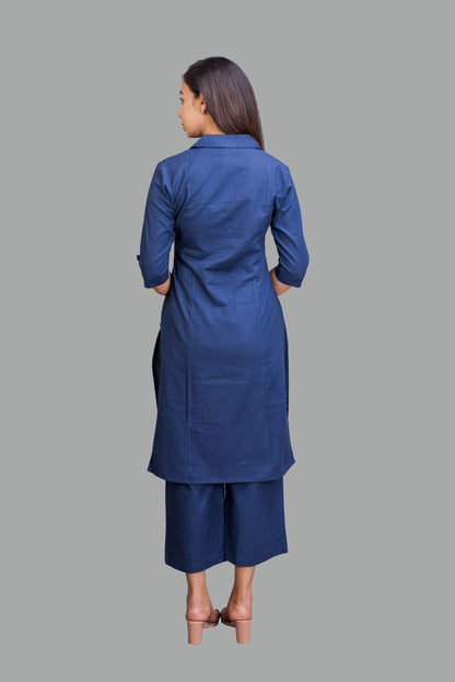 Collared Navy Blue Kurti with Pockets